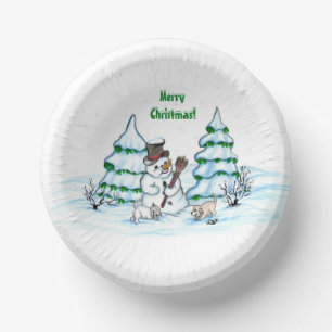 Vrolijk kerstfeest! Snowman met kat en puppy Papieren Kommen