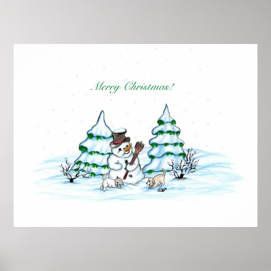 Vrolijk kerstfeest! Snowman met kat en puppy Poster (Voorkant)