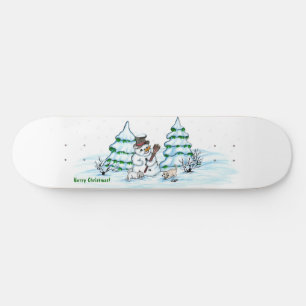 Vrolijk kerstfeest! Snowman met kat en puppy Skateboard