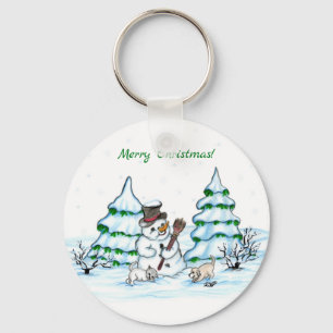 Vrolijk kerstfeest! Snowman met kat en puppy Sleutelhanger