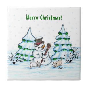 Vrolijk kerstfeest! Snowman met kat en puppy Tegeltje