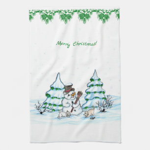 Vrolijk kerstfeest! Snowman met kat en puppy Theedoek