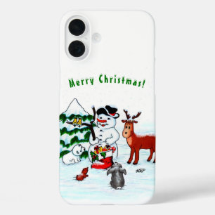 Vrolijk kerstfeest! Snowman met vrienden iPhone 16 Plus Hoesje