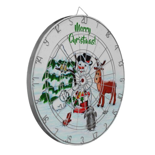 Vrolijk kerstfeest! Snowman met vrienden Dartbord (Voorkant Links)