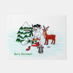 Vrolijk kerstfeest! Snowman met vrienden Deurmat