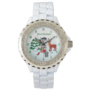 Vrolijk kerstfeest! Snowman met vrienden Horloge
