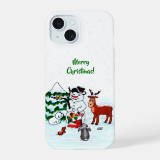 Vrolijk kerstfeest! Snowman met vrienden iPhone 15 Hoesje