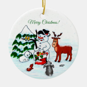 Vrolijk kerstfeest! Snowman met vrienden Keramisch Ornament