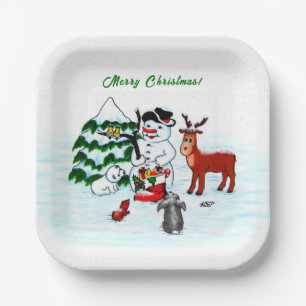 Vrolijk kerstfeest! Snowman met vrienden Papieren Bordje