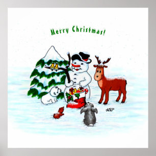 Vrolijk kerstfeest! Snowman met vrienden Poster