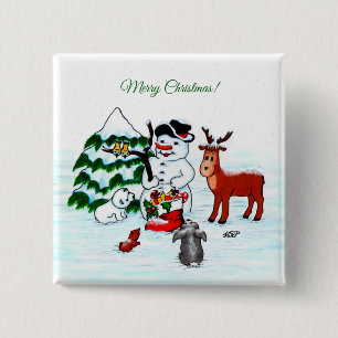 Vrolijk kerstfeest! Snowman met vrienden Vierkante Button 5,1 Cm