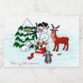 Vrolijk kerstfeest! Snowman met vrienden Voedselcontainer Etiket (Enkel label)