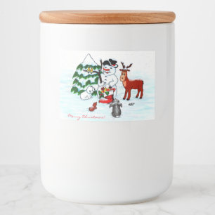 Vrolijk kerstfeest! Snowman met vrienden Voedselcontainer Etiket
