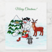 Vrolijk kerstfeest! Snowman met vrienden Wijn Etiket (Enkel label)