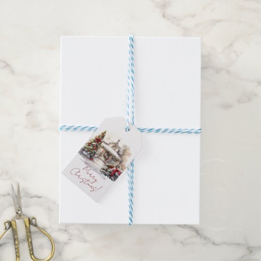 Vrolijk Kerstfeest Snowy House Kerstbomen Cadeaulabel (Met Touw)