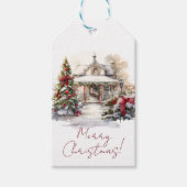 Vrolijk Kerstfeest Snowy House Kerstbomen Cadeaulabel (Voorkant)