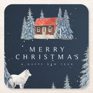 Vrolijk kerstfeest/Snowy Winter Cabin met Wolf Vierkante Kartonnen Onderzetter