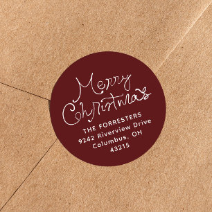 Vrolijk kerstfeest speelse maroon retouradres ronde sticker