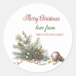 Vrolijk kerstfeest, takken, dennenappels ronde sticker