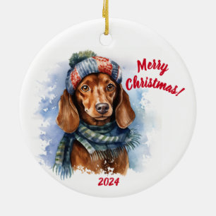Vrolijk kerstfeest teckel: Waterverf Keramisch Ornament