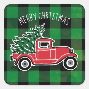 Vrolijk kerstfeest  Truck Green Buffalo Pset Vierkante Sticker