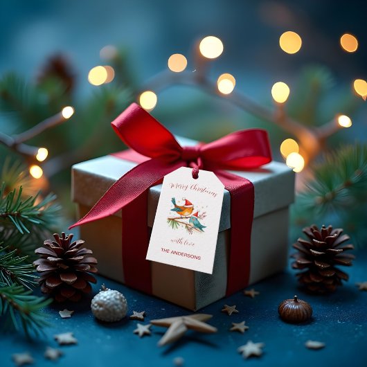 Vrolijk kerstfeest twee liefdevolle vogels cadeaulabel