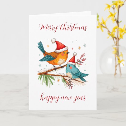Vrolijk kerstfeest twee liefdevolle vogels kaart (Gele Bloem)