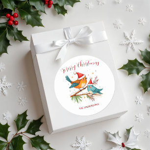 Vrolijk kerstfeest twee liefdevolle vogels ronde sticker