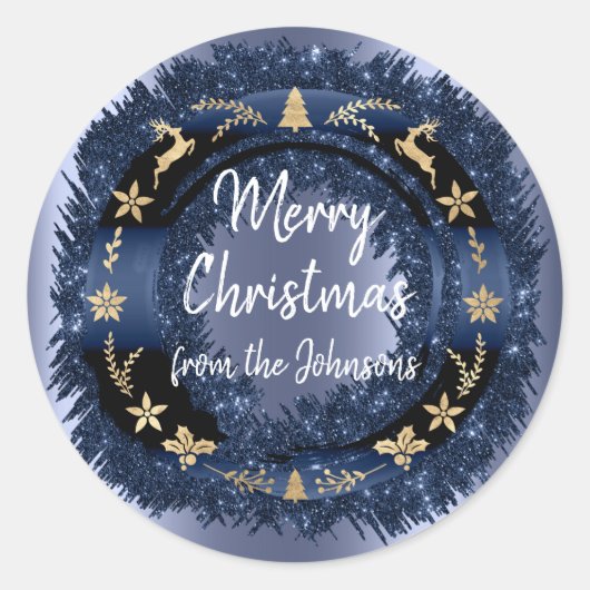 Vrolijk kerstfeest van de blauwe zee Glitter Gold Ronde Sticker (Voorkant)