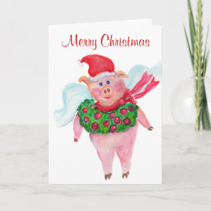 Vrolijk kerstfeest van het vliegende kerstvarken feestdagen kaart