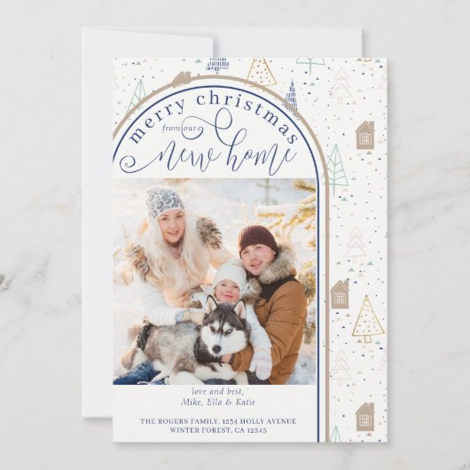 Vrolijk kerstfeest vanuit New Home Doodle Tree Hou Aankondiging (Voorkant)