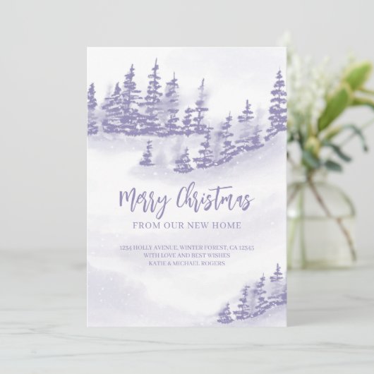 Vrolijk kerstfeest vanuit New Home Paarse Forest M Aankondiging (Staand voorkant)