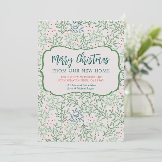 Vrolijk kerstfeest vanuit New Home Winter Greenery Aankondiging (Staand voorkant)