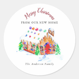 Vrolijk kerstfeest vanuit ons nieuwe adres voor th ronde sticker