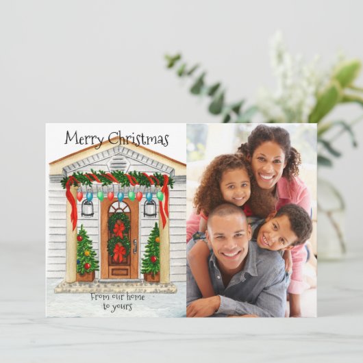 Vrolijk kerstfeest vanuit onze foto-sjabloon thuis feestdagenkaart (Staand voorkant)