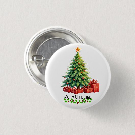 Vrolijk kerstfeest, versierde boom, ronde button 3,2 cm (Voorkant /achterkant)