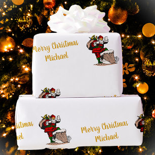 Vrolijk Kerstfeest Vintage Santa Custom Name Cadeaupapier