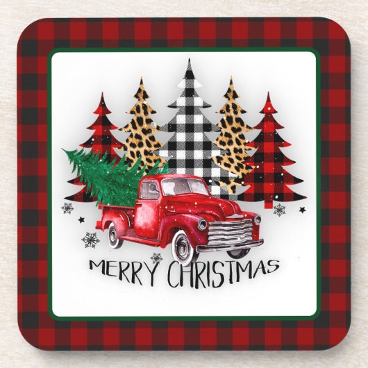 Vrolijk kerstfeest vrachtwagen en bomen bier onderzetter (Voorkant)