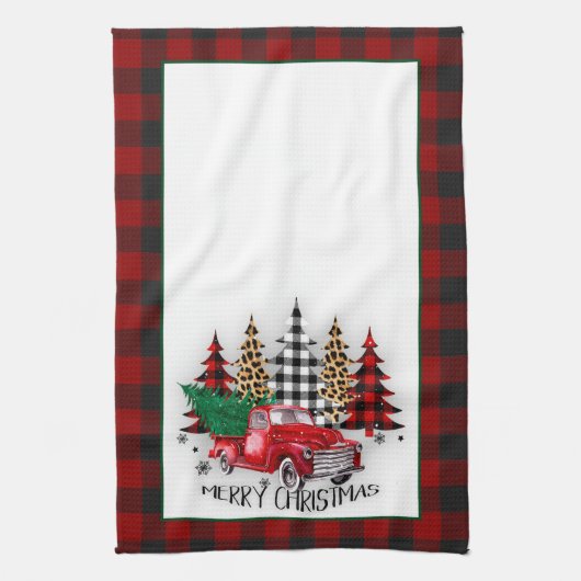 Vrolijk kerstfeest vrachtwagen en bomen theedoek (Verticaal)
