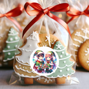 Vrolijk Kerstfeest Waterverf Anime Elves Vakantie Ronde Sticker