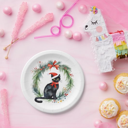 Vrolijk kerstfeest Waterverf Black Cat en krans Papieren Bordje (Feest)