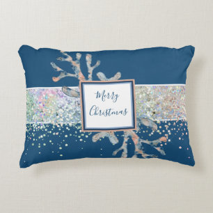 Vrolijk kerstfeest waterverf blauw zige strandstij accent kussen