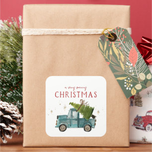 Vrolijk kerstfeest   Waterverf Blue Truck Holiday Vierkante Sticker