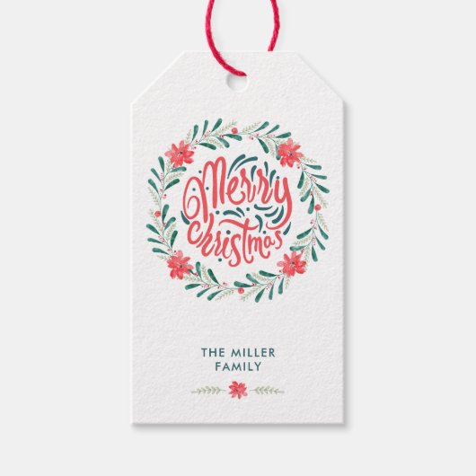 Vrolijk kerstfeest Waterverf groen bloemenkrans Cadeaulabel (Voorkant)