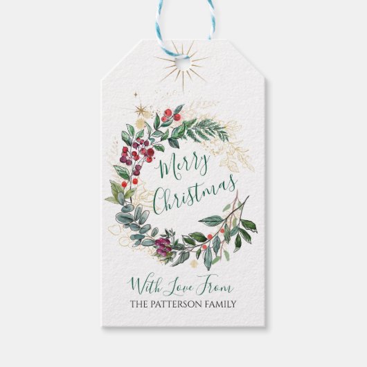 Vrolijk kerstfeest Waterverf Holly Berry Wreath Cadeaulabel (Voorkant)