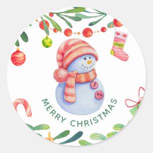 Vrolijk kerstfeest. Waterverf leuke sneeuwman Ronde Sticker