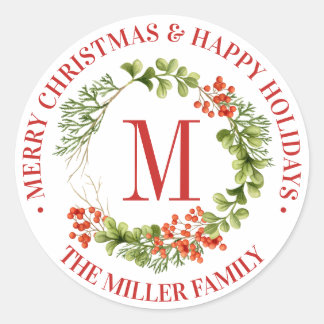 Vrolijk kerstfeest | Waterverf Monogram Wreath Ronde Sticker