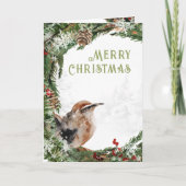 Vrolijk Kerstfeest Waterverf Nuthatch Nesting Bird Feestdagen Kaart (Voorkant)