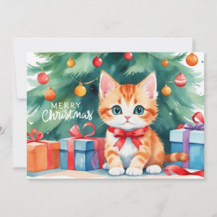 Vrolijk Kerstfeest Waterverf Oranje Kitten Feestdagenkaart