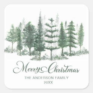 Vrolijk Kerstfeest Waterverf Pijnboombos Vierkante Sticker